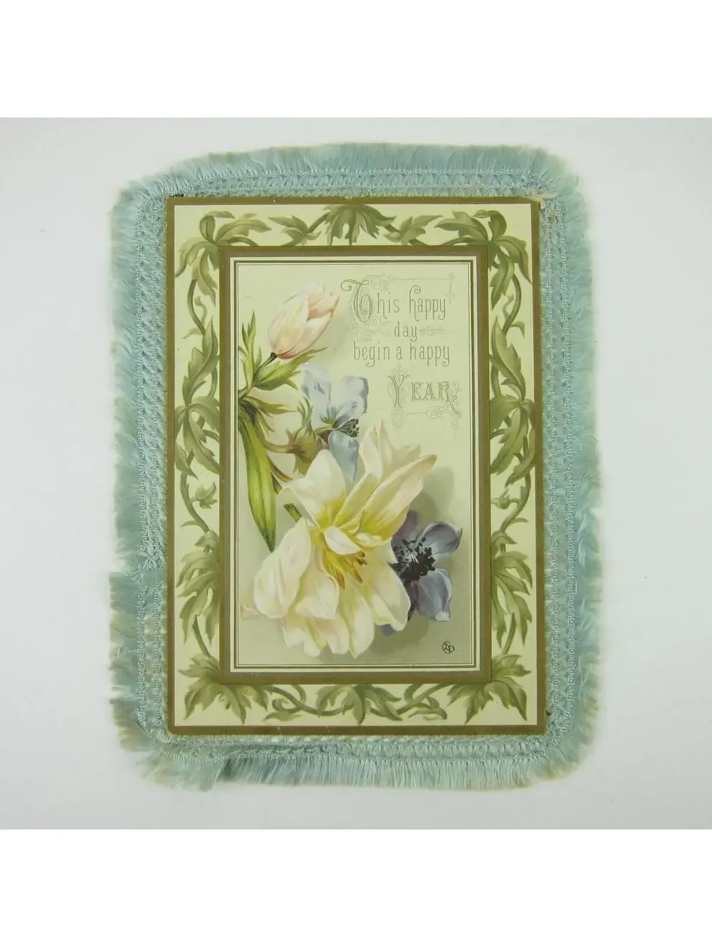 Victorian Card XL New Years Flowers Blue Silk Fringe Double Sided Antique 1886